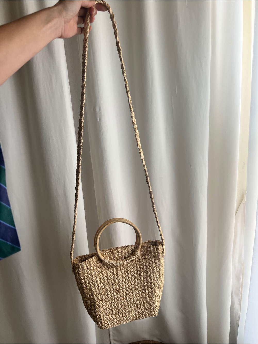 Vintage Natural Straw Shoulder Bag with Wooden Ring Handles